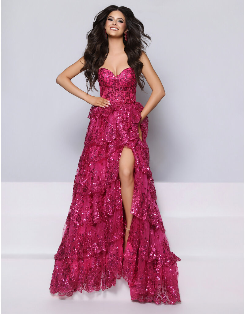 KATE PARKER Strapless sequin ruffle a-line w/slit 26308