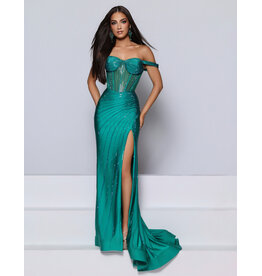 KATE PARKER Off the shoulder sheer bodice beaded fitted gown 27020