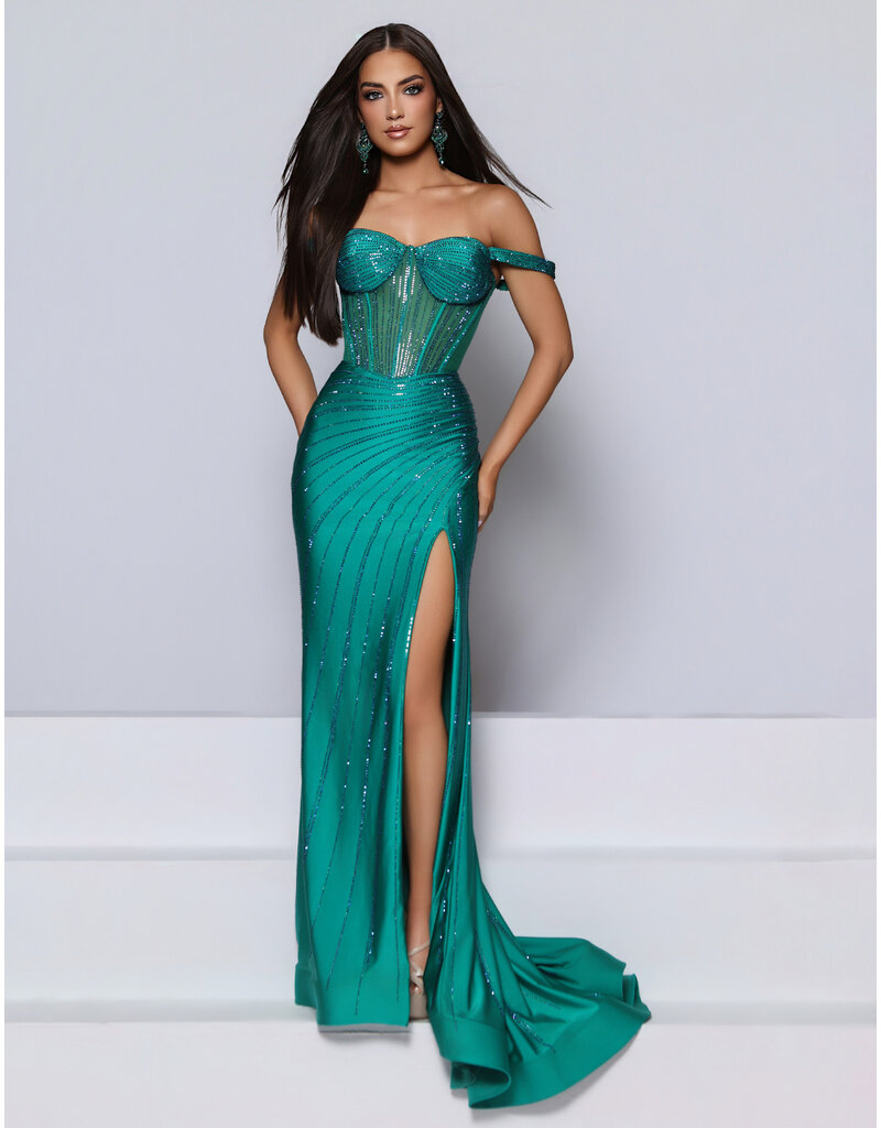 KATE PARKER Off the shoulder sheer bodice beaded fitted gown 27020