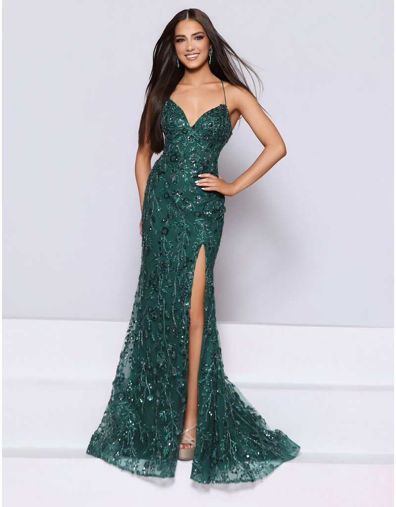KATE PARKER Beaded sequin lace fitted open back gown 27029B