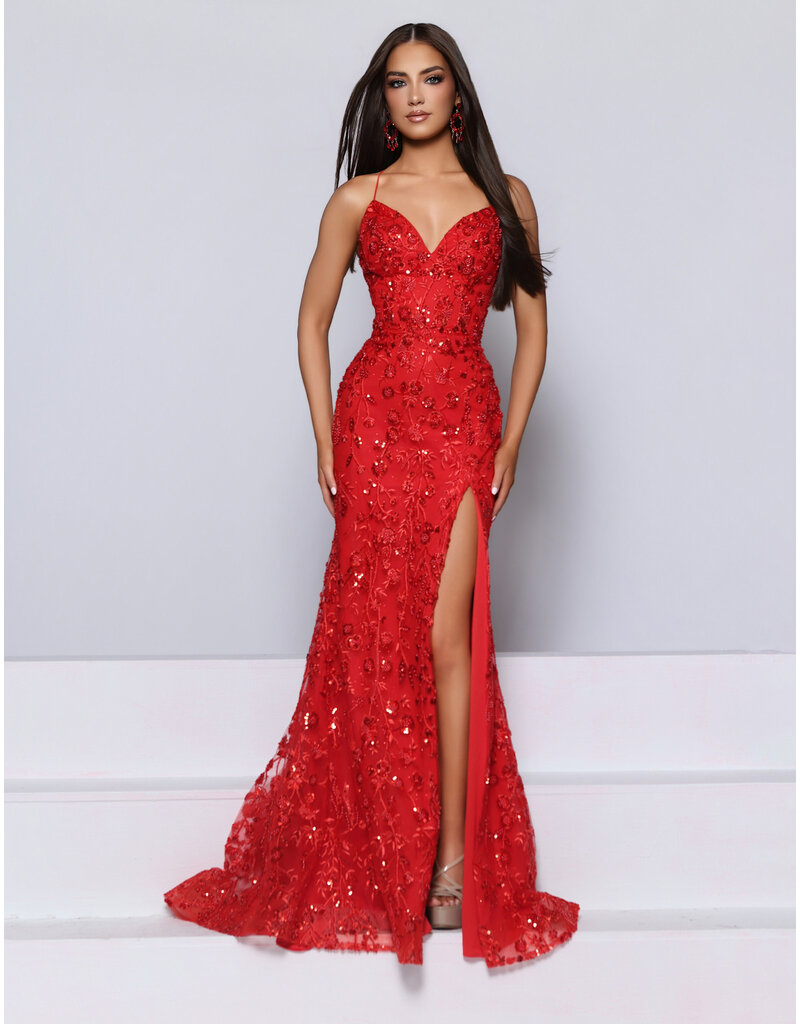 KATE PARKER Beaded sequin lace fitted open back gown 27029B
