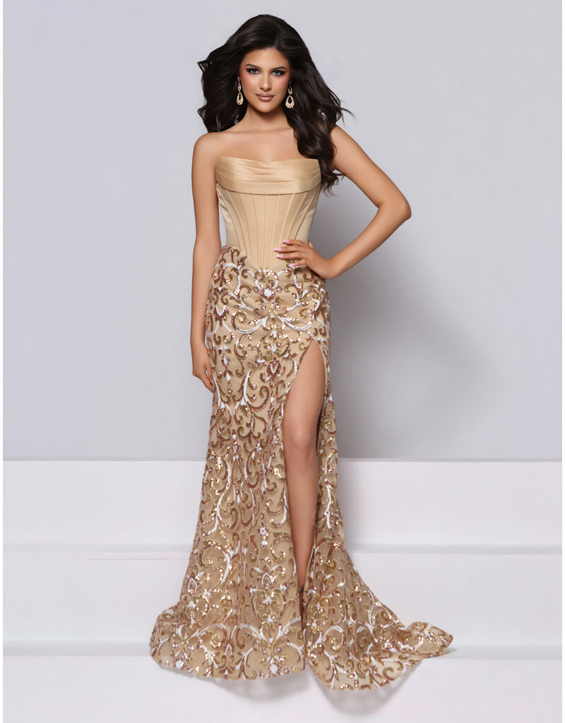 KATE PARKER Strapless satin crumcatcher corset bodice sequin fitted skirt 27055