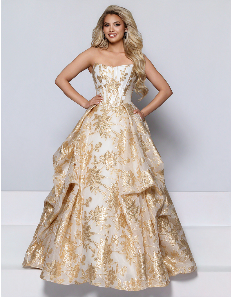 KATE PARKER Strapless metalic brocade sheer side ballgown 27060