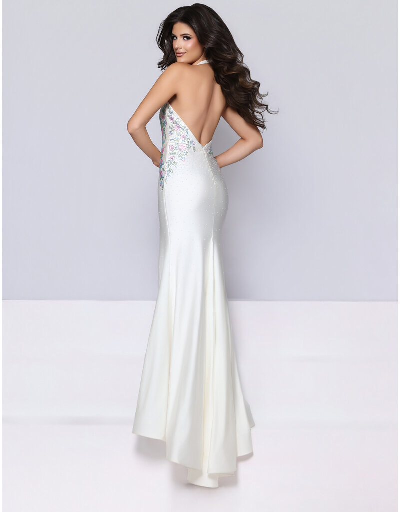 KATE PARKER Beaded flower halter fitted gown 27801