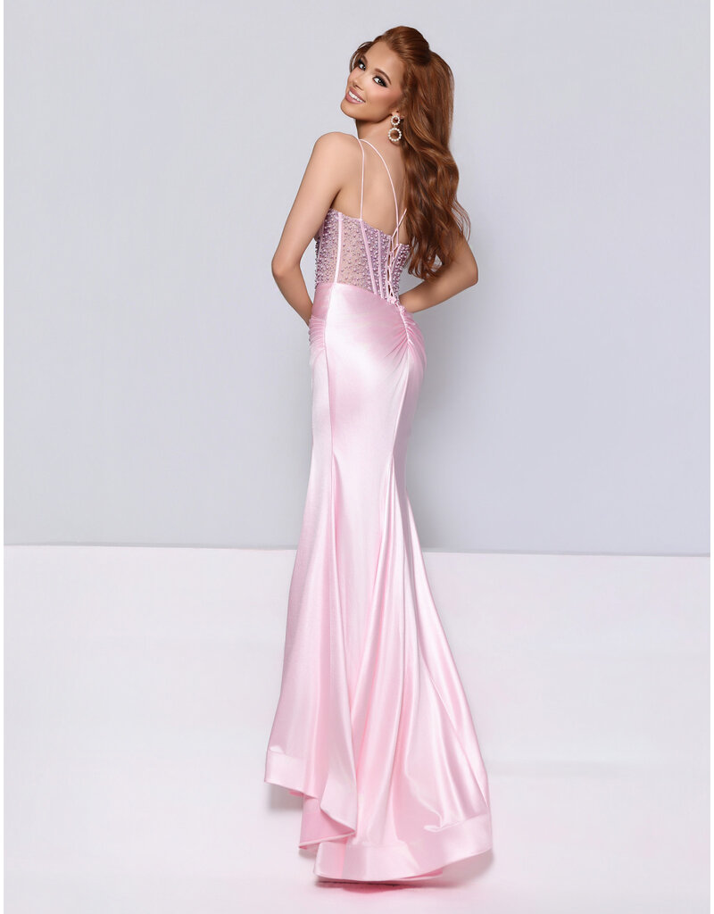 KATE PARKER Fitted pearl sheer bodice satin rouched skirt 27808