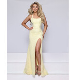 KATE PARKER Halter pearl beaded fitted gown w/leg slit 27840