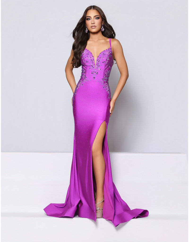 KATE PARKER Beaded v-neck open lace up back w/slit 26031