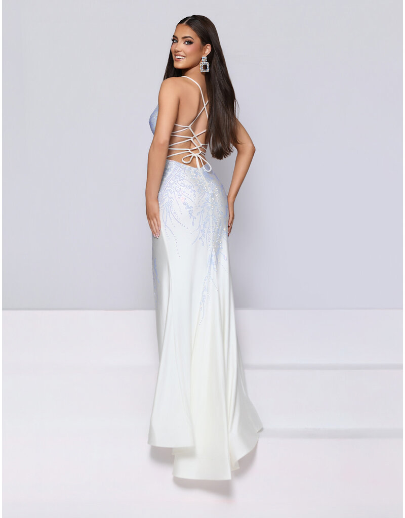 KATE PARKER Spaghetti strap open lace up back beaded fitted w/slit 26303