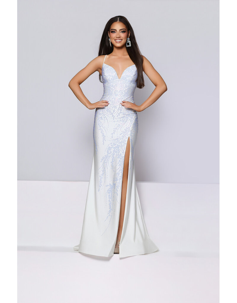 KATE PARKER Spaghetti strap open lace up back beaded fitted w/slit 26303