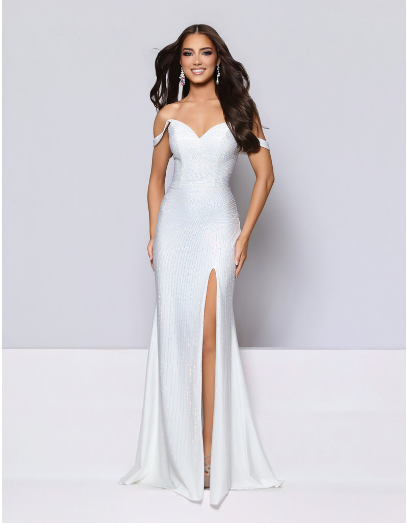 KATE PARKER Fitted, off shoulder, fully beaded, lace-up back with slit 26185