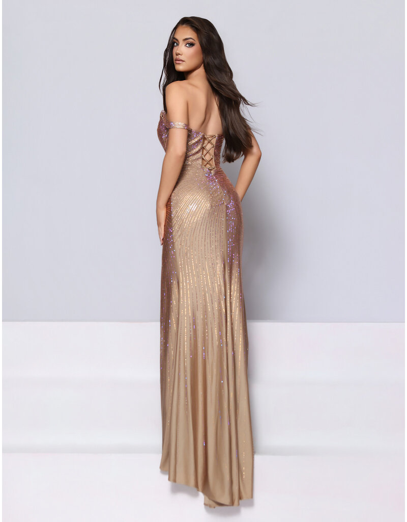 KATE PARKER Fitted, off shoulder, fully beaded, lace-up back with slit 26185