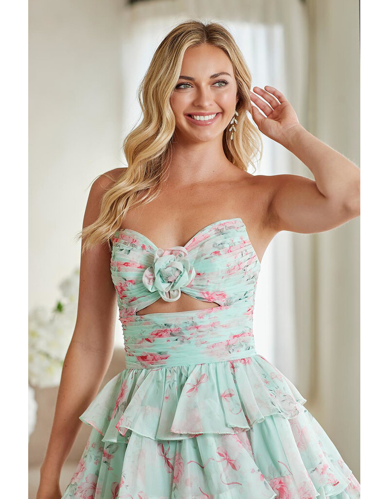 AMELIA COUTURE STRPLSS, RUFFLE, FLORAL PRNT, CUT OUT, A-LINE 902686S