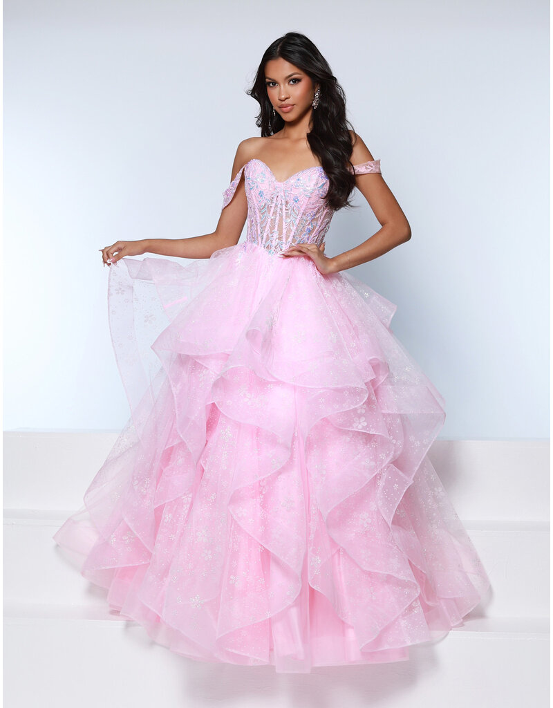 KATE PARKER OFF SHLDR, RUFFLE, CRST BODICE, LC BCK 25698