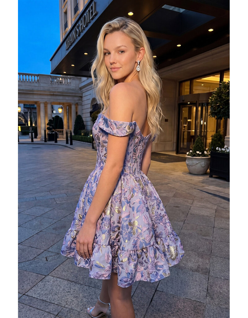Off the shoulder brocade a-line w/ruffle A726018