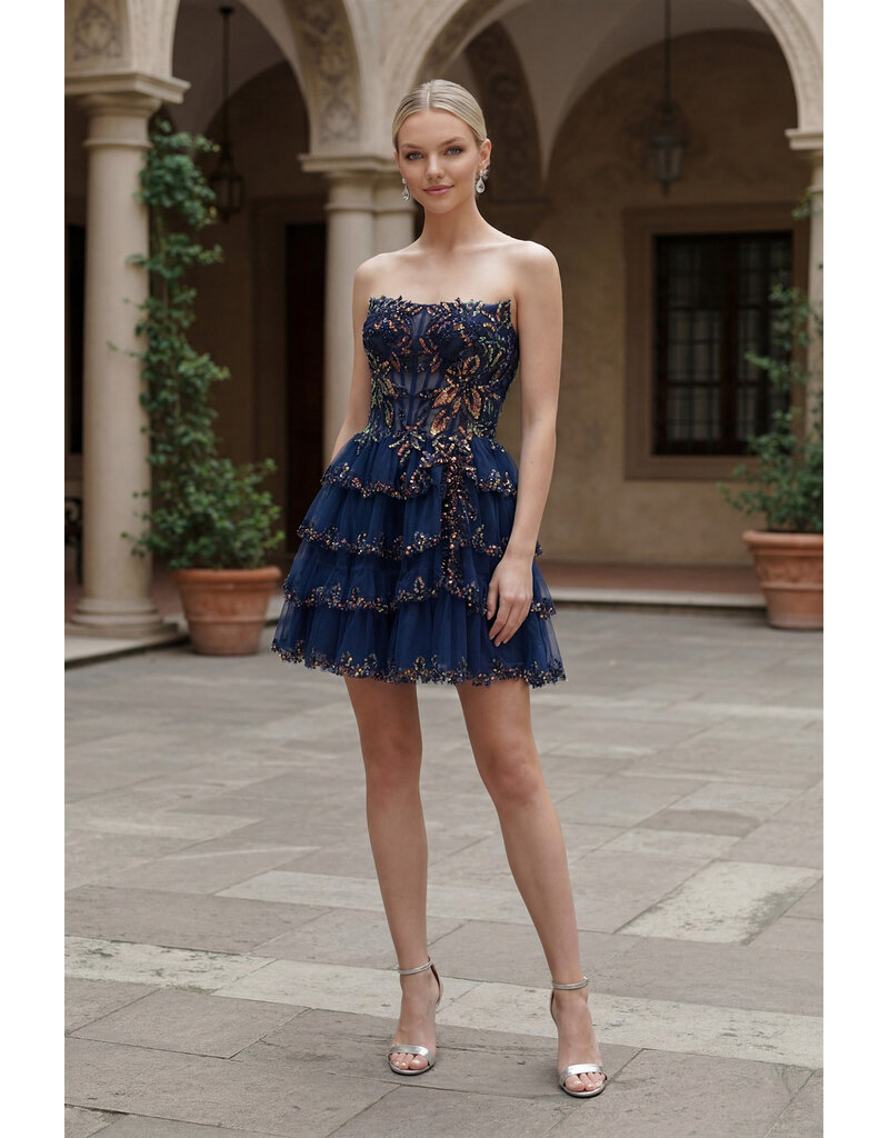 Strapless sequin embroidered ruffle lace up G726043