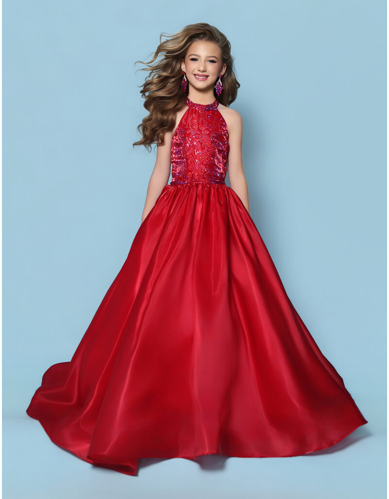 KP MINI High neck beaded crystal satin ballgown G1310