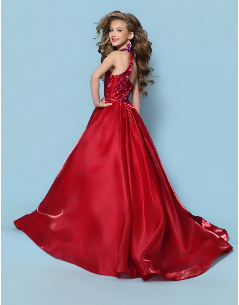 KP MINI High neck beaded crystal satin ballgown G1310
