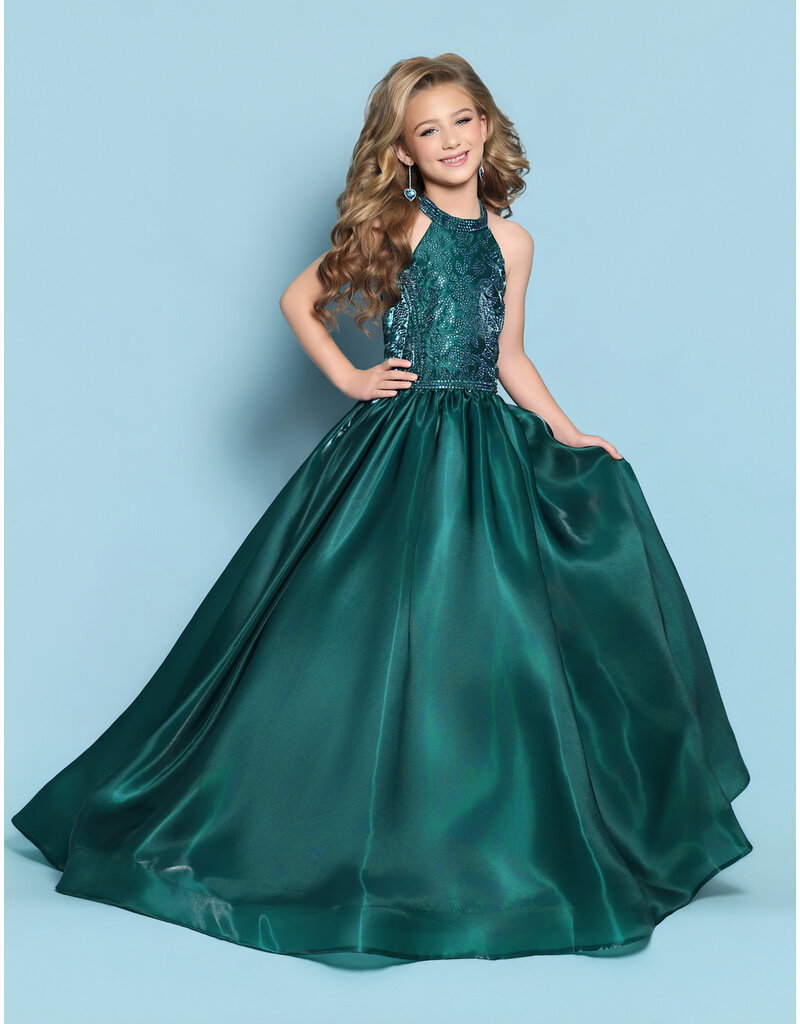 KP MINI High neck beaded crystal satin ballgown G1310