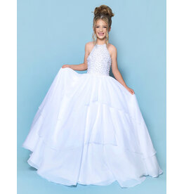 KP MINI High neck pearl beaded bodice ruffle chiffon ballgown G1311