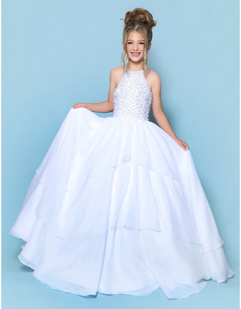 KP MINI High neck pearl beaded bodice ruffle chiffon ballgown G1311