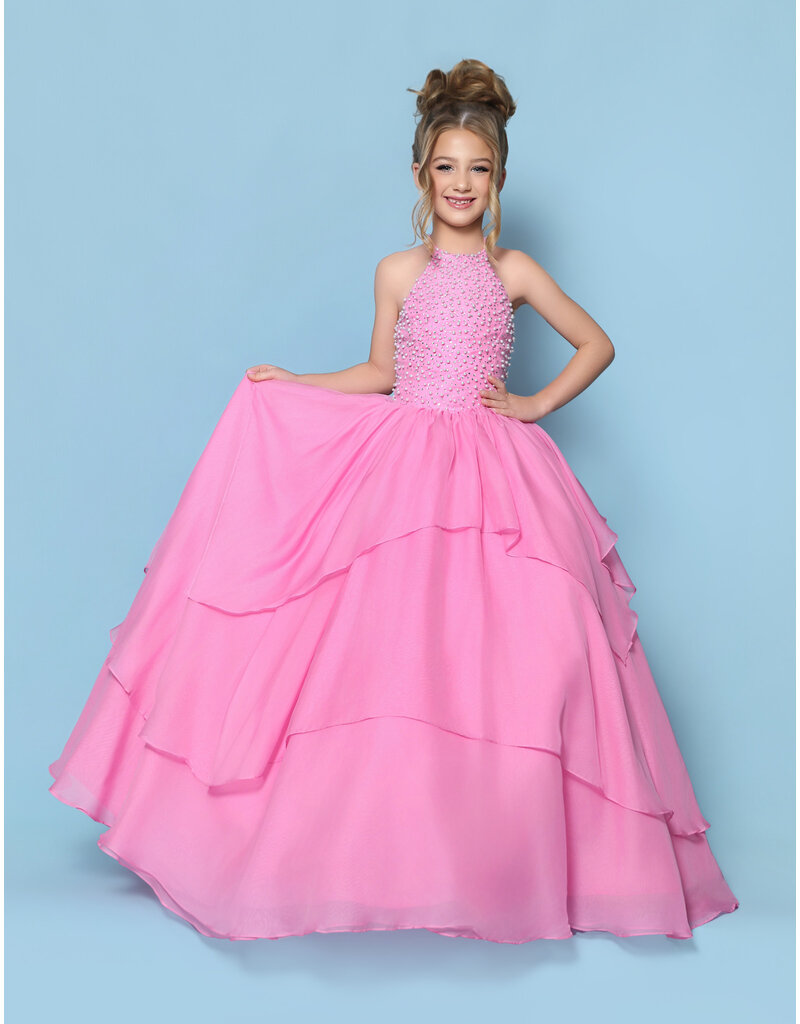 KP MINI High neck pearl beaded bodice ruffle chiffon ballgown G1311