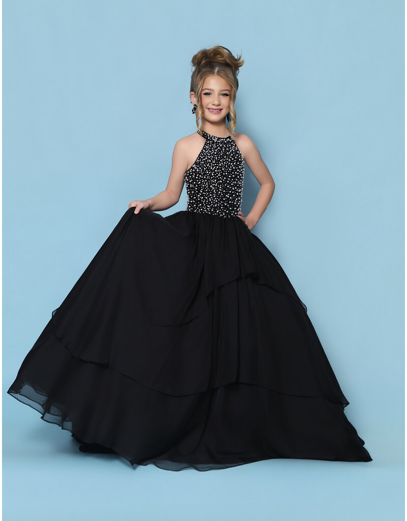 KP MINI High neck pearl beaded bodice ruffle chiffon ballgown G1311