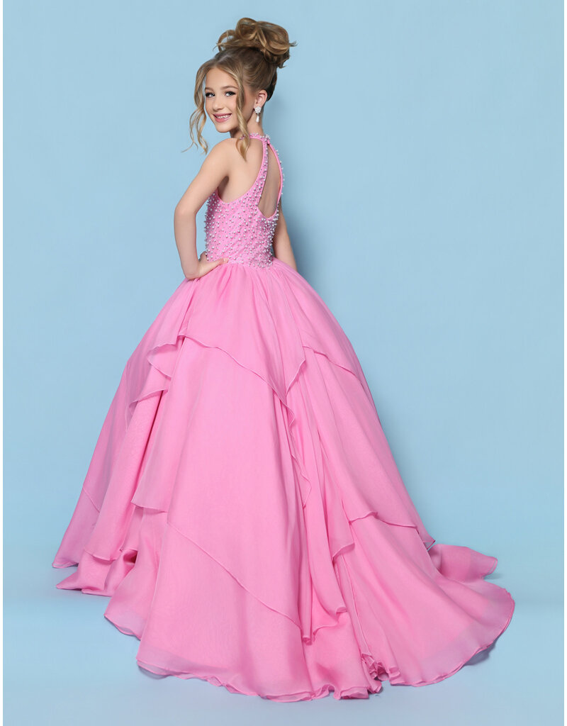KP MINI High neck pearl beaded bodice ruffle chiffon ballgown G1311