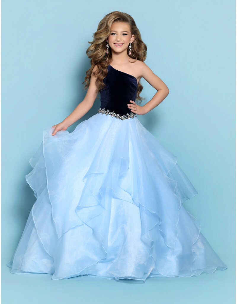 KP MINI One shoulder velvet bodice organza ruffle ballgown G1312