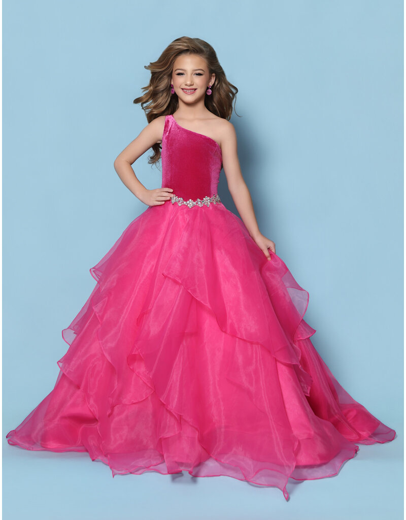 KP MINI One shoulder velvet bodice organza ruffle ballgown G1312