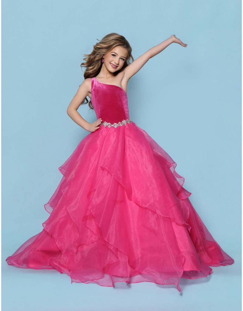 KP MINI One shoulder velvet bodice organza ruffle ballgown G1312