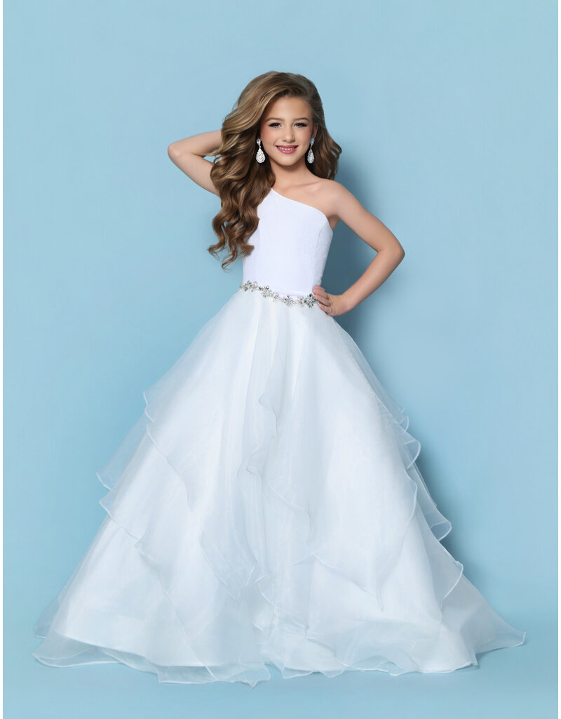KP MINI One shoulder velvet bodice organza ruffle ballgown G1312