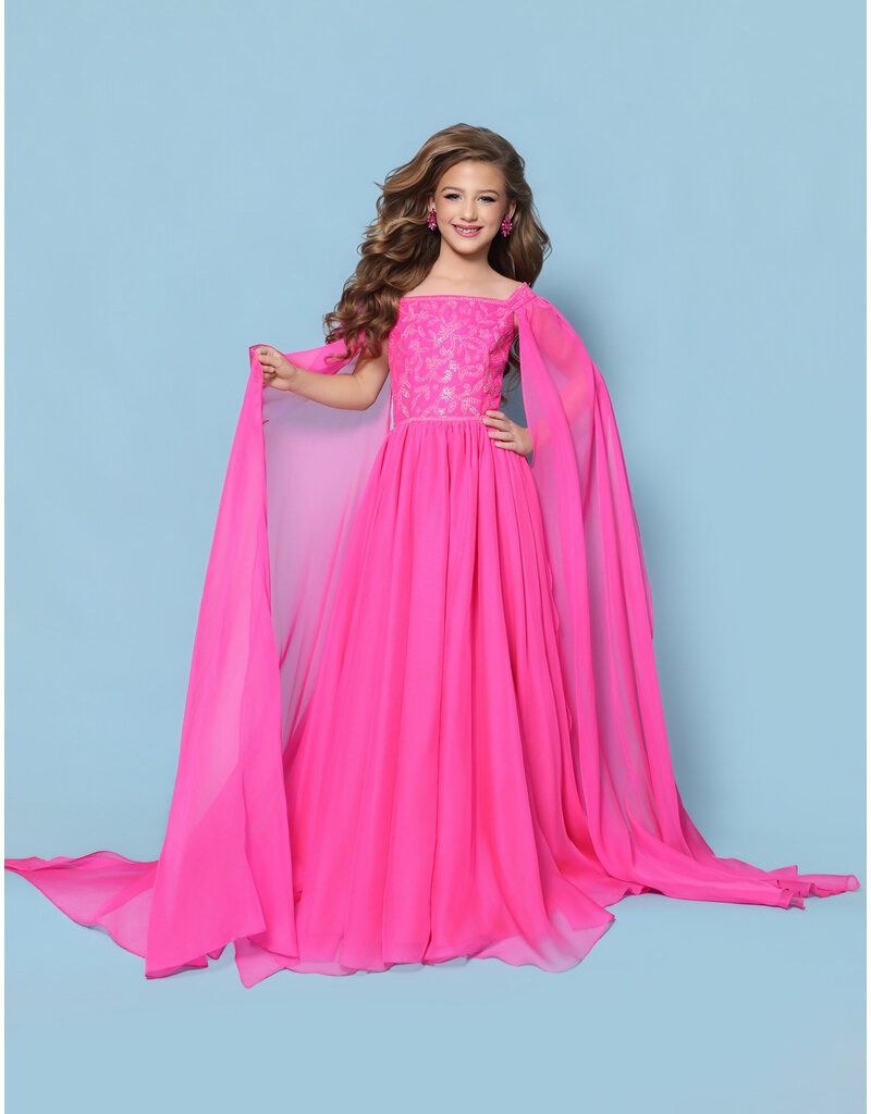 KP MINI Beaded bodice off the shoulder chiffon cape ballgown G1313