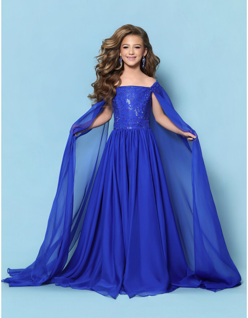 KP MINI Beaded bodice off the shoulder chiffon cape ballgown G1313