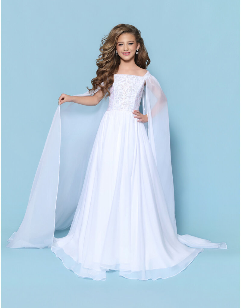 KP MINI Beaded bodice off the shoulder chiffon cape ballgown G1313