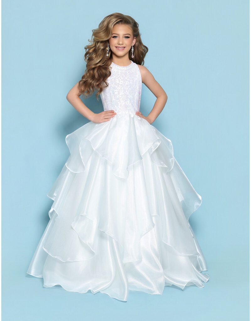 KP MINI High neck beaded bodice ruffle organza ballgown G1315