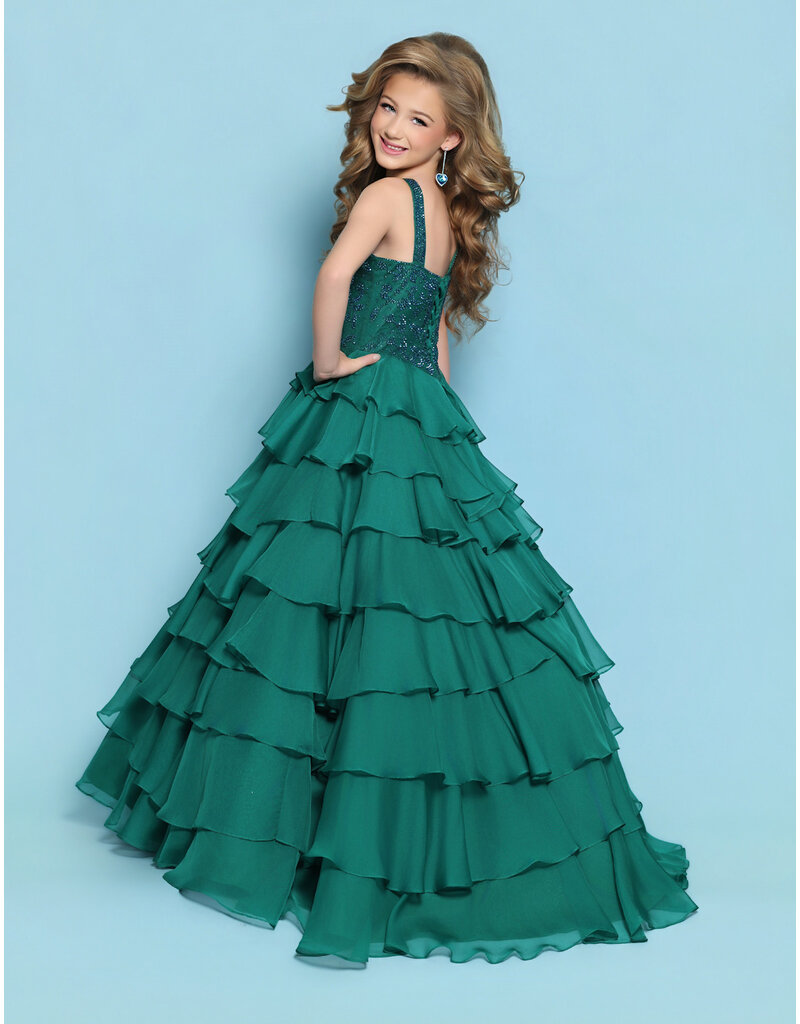 KP MINI High neck beaded bodice chiffon ruffle ballgown corset back G1316
