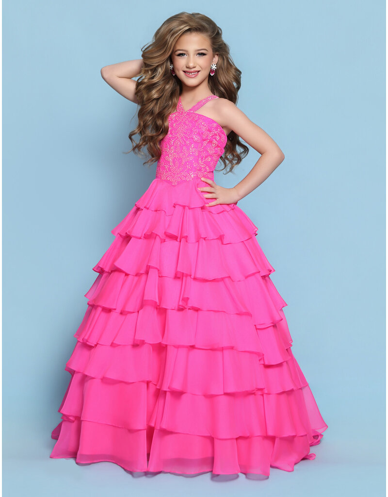 KP MINI High neck beaded bodice chiffon ruffle ballgown corset back G1316