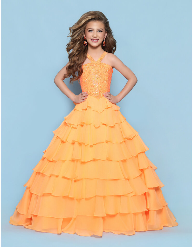 KP MINI High neck beaded bodice chiffon ruffle ballgown corset back G1316