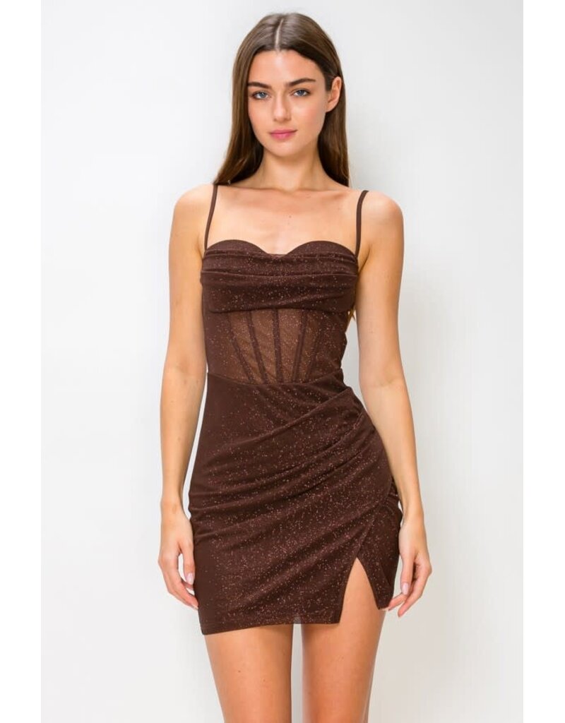 LOVESOME Spaghetti strap fitted glitter mesh mini CD2655872