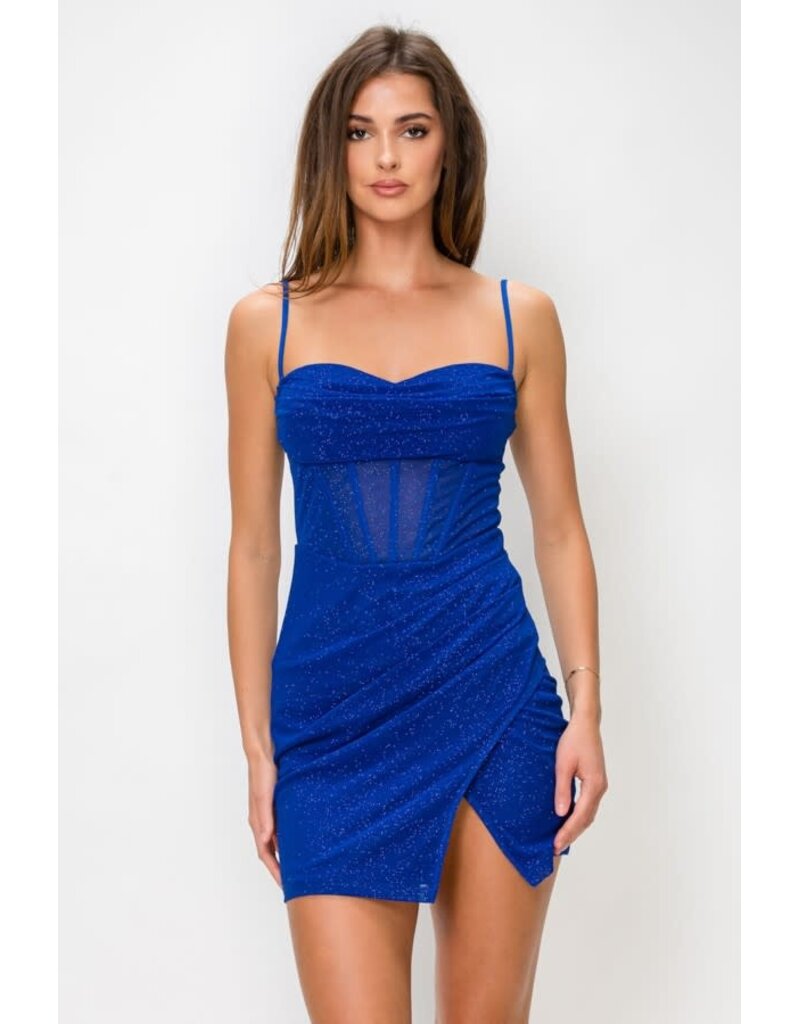LOVESOME Spaghetti strap fitted glitter mesh mini CD2655872