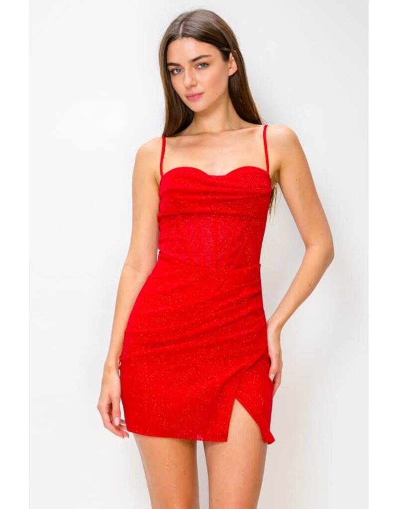 LOVESOME Spaghetti strap fitted glitter mesh mini CD2655872