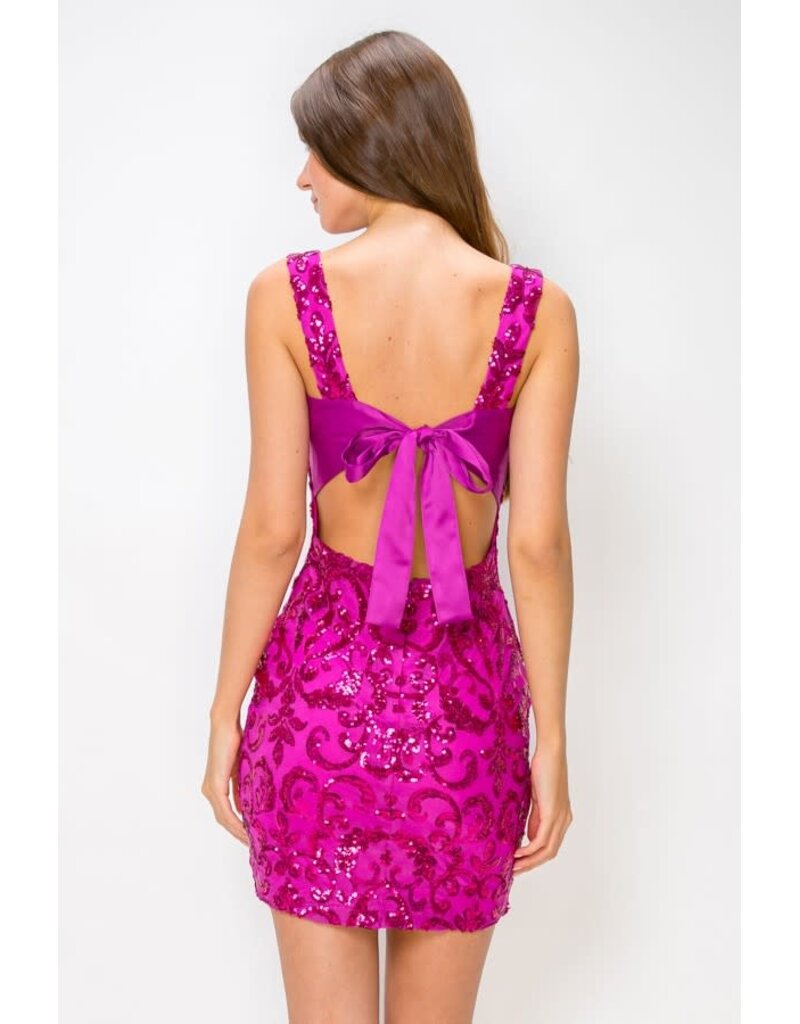 LOVESOME Sequin fitted tank strap tie back short gown CD2655620