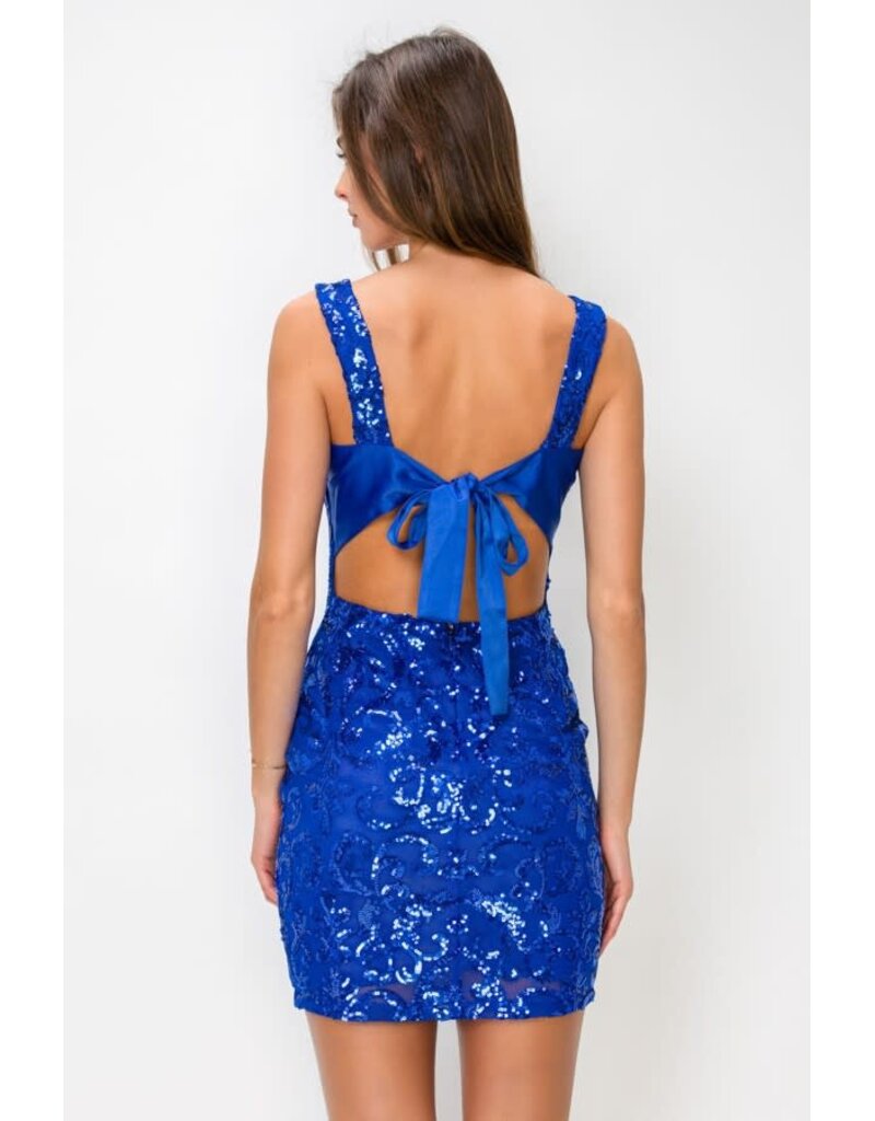 LOVESOME Sequin fitted tank strap tie back short gown CD2655620