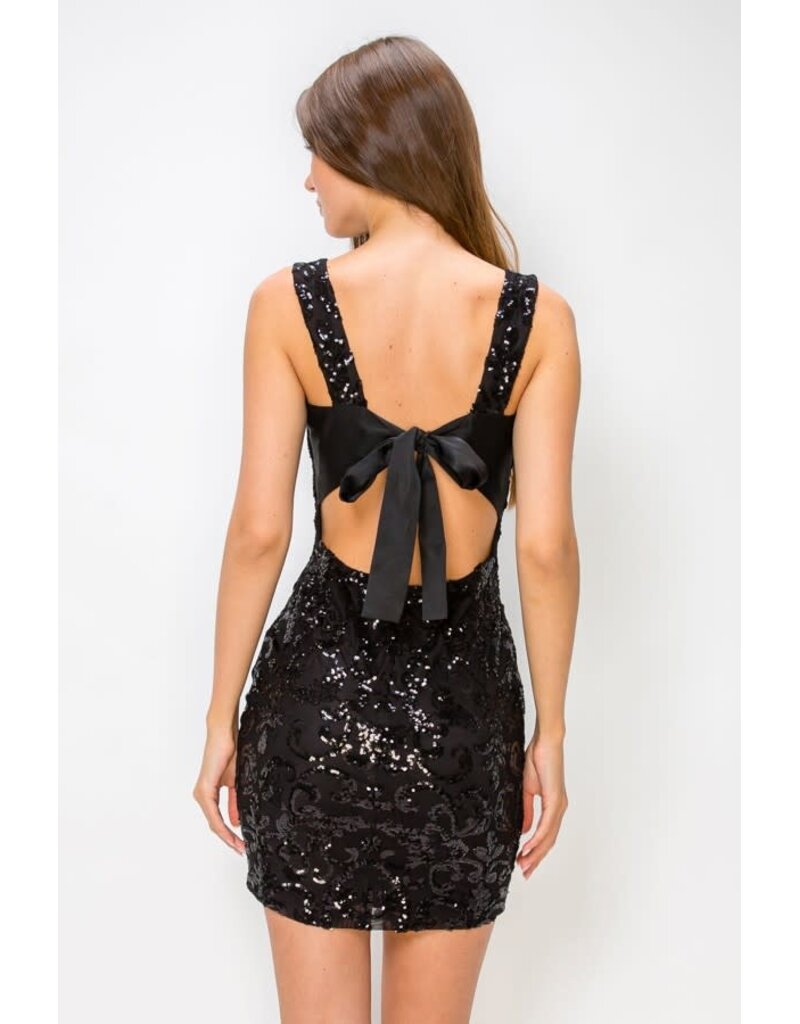 LOVESOME Sequin fitted tank strap tie back short gown CD2655620
