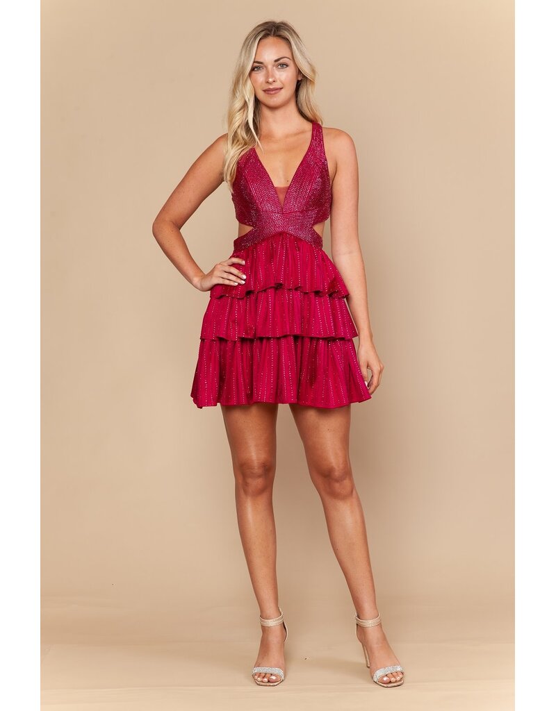 Beaded halter v-neck ruffle open back short gown 2626110