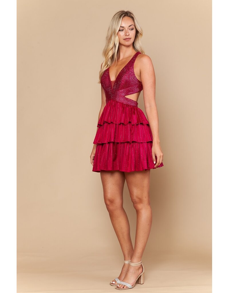 Beaded halter v-neck ruffle open back short gown 2626110