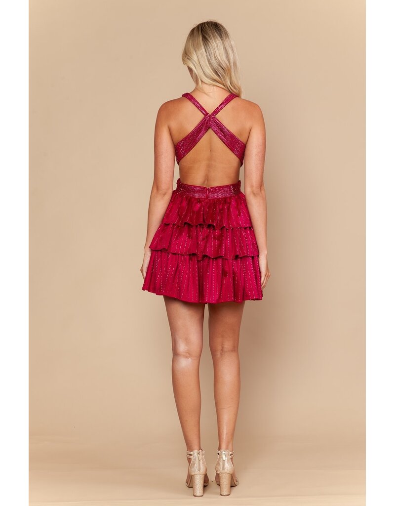 Beaded halter v-neck ruffle open back short gown 2626110