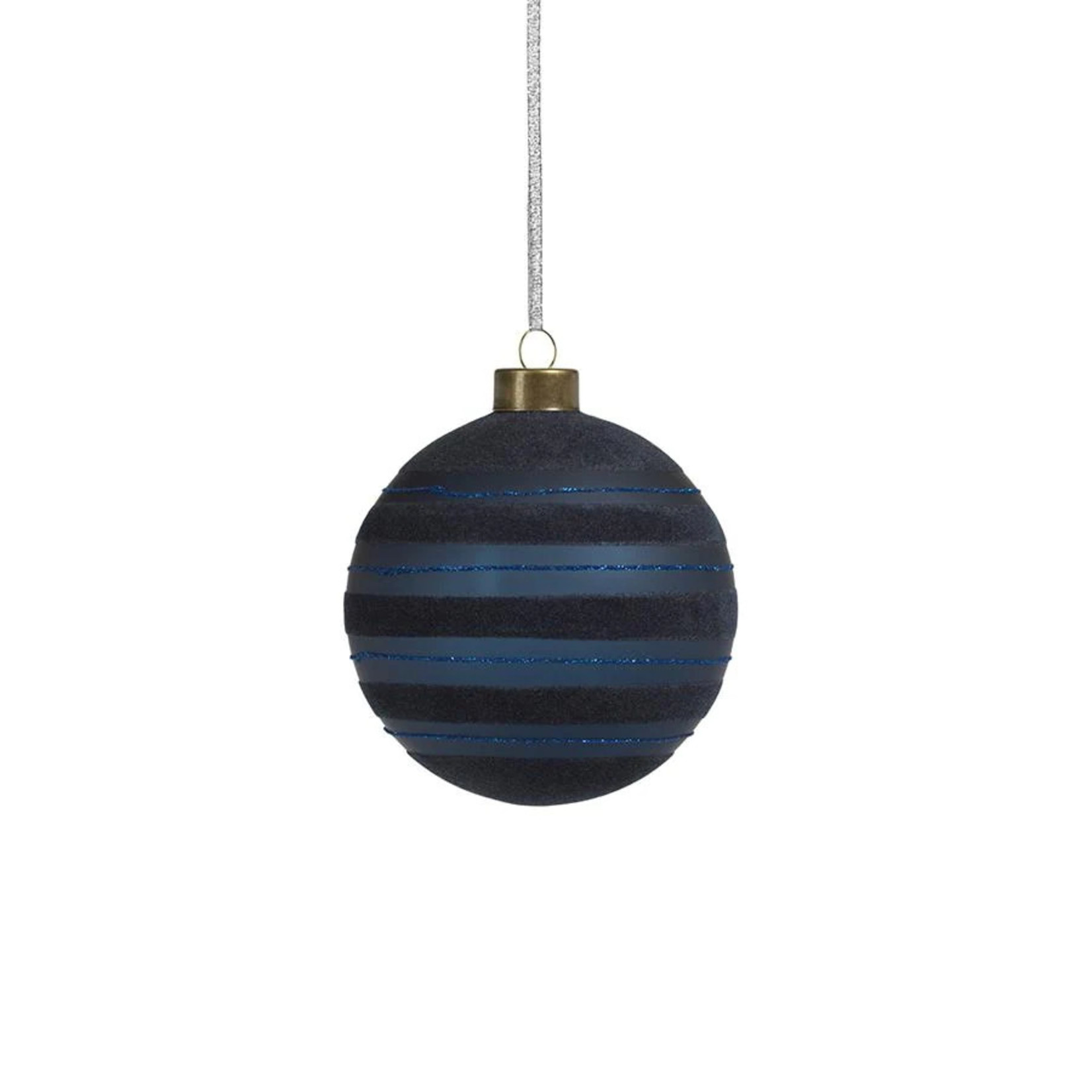 Zodax Blue Flocked Striped Ornament 4" Medium
