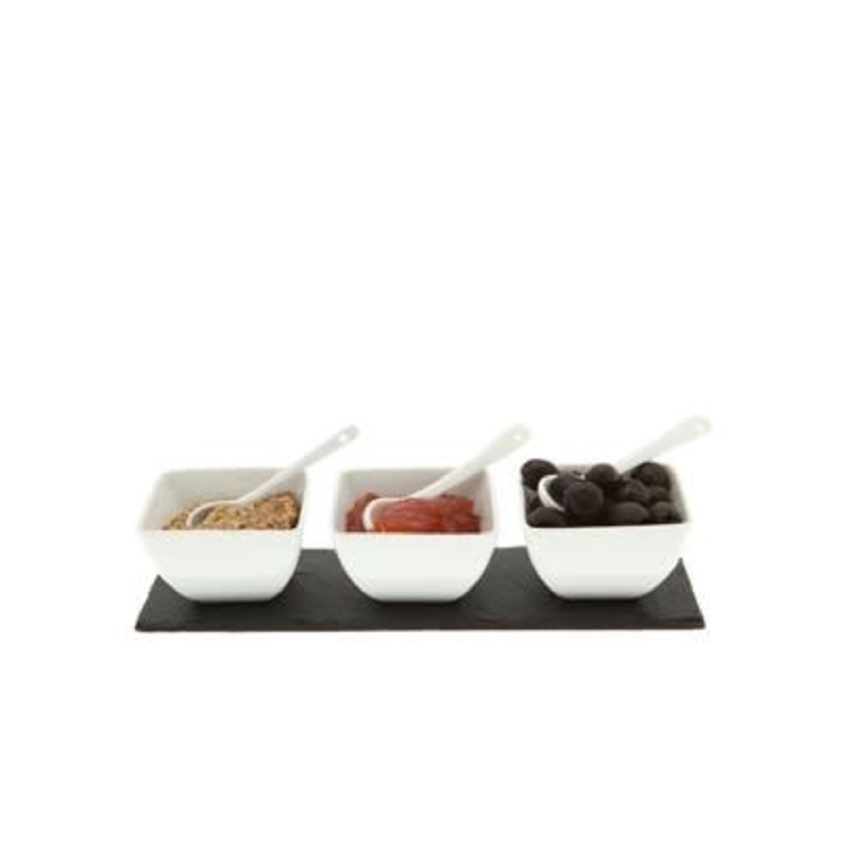 Just Slate Company White Ceramic Condiment Pots & Spoons on Slate Base