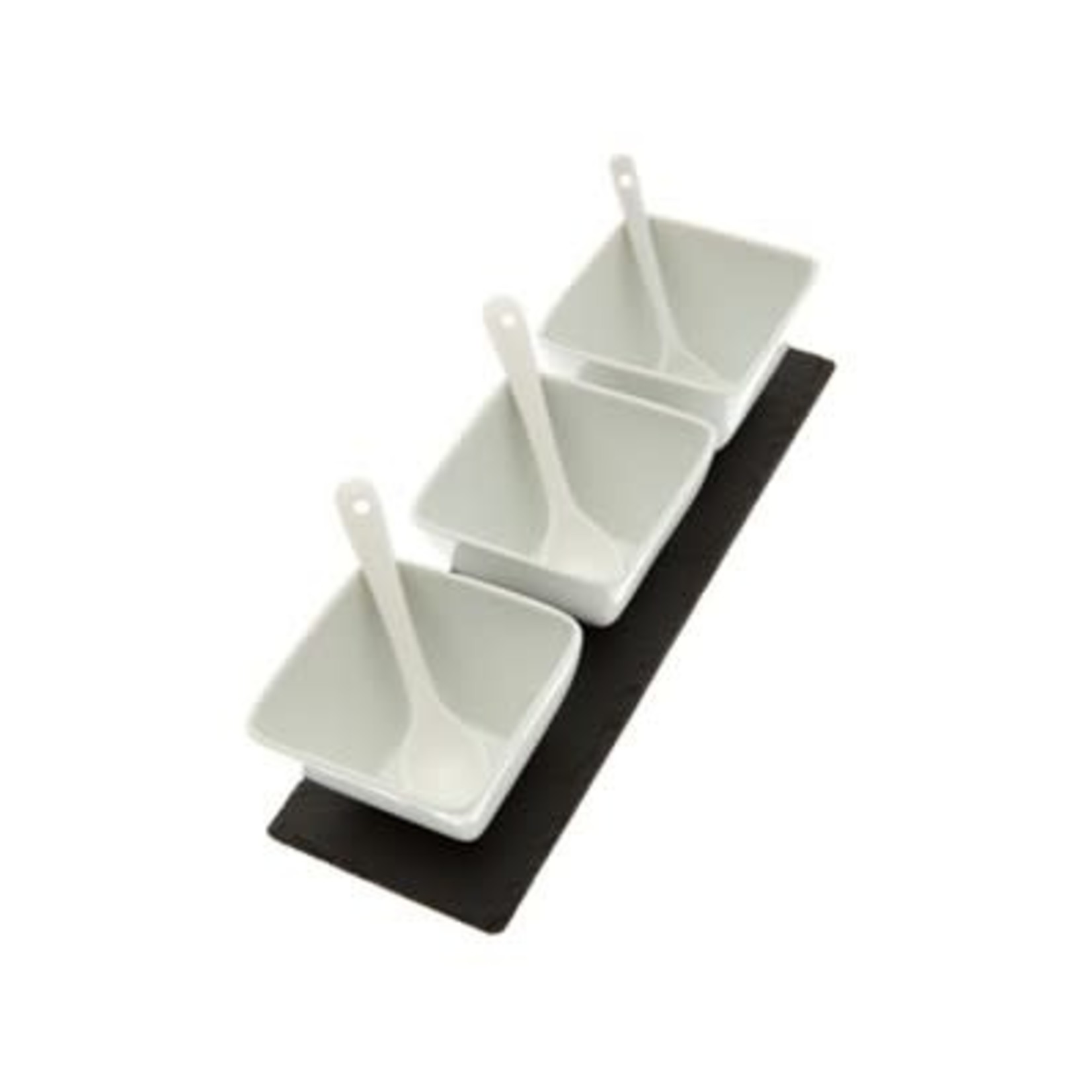 Just Slate Company White Ceramic Condiment Pots & Spoons on Slate Base